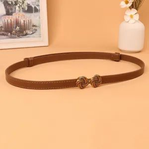 Detailed view of women's brown thin leather belt with vintage metal buckle fashion accessory
