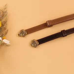 Women thin genuine leather belt retro metal knot waist chain simple dress decorative accessory