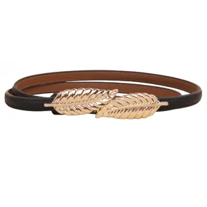 Genuine leather thin belt for women with elegant gold leaf buckle, stylish dress accessory.