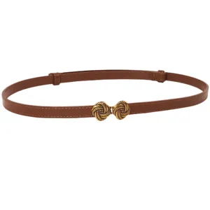 Women thin brown leather belt vintage gold knot buckle minimalist fashion waist dress decor