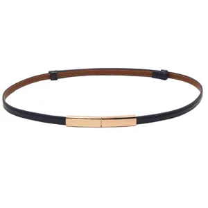 Thin blue genuine leather belt for women with elegant adjustable gold-tone buckle