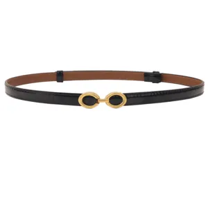 Women thin black belt elegant gold buckle minimalist waist strap for dress and jeans.