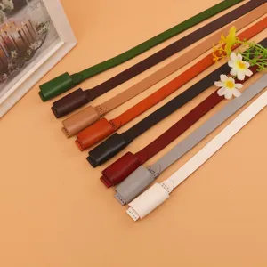 Premium genuine leather skinny belts in various colors for women's dress styling