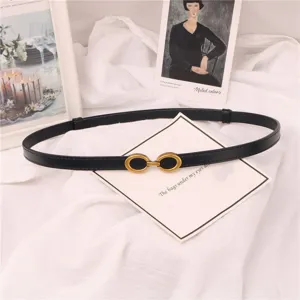 Cinturón fino de cuero negro para mujer con hebilla metálica dorada elegante para vestidos y jeans