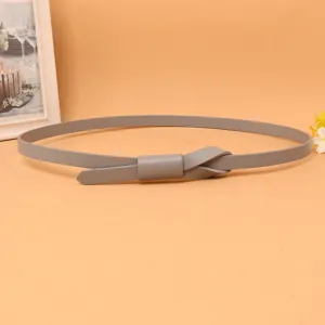 Elegant grey slim leather belt with a knotted bow design for women's dresses.