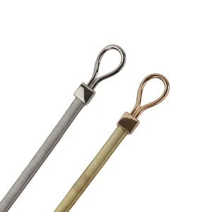 Women's metallic elastic skinny belt with elegant teardrop loop buckle fashion accessory.