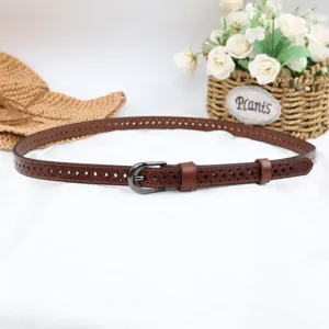 Women's genuine leather hollow belt, casual slim waist belt with metal buckle, stylish accessory.