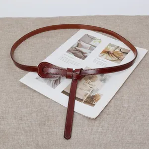 Ceinture fine en cuir véritable pour femme noeud mode accessoire costume marron élégant