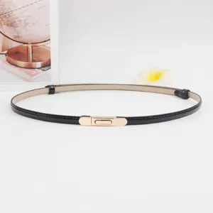 Minimalistische zwarte smalle lederen riem met gouden metalen gesp, taille detail.