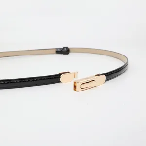 Elegant thin black patent leather belt with gold metal buckle for women dress outfit chic