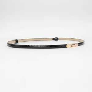 Women fashion thin black patent leather belt with gold buckle for dress sweater suit