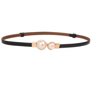 Elegant thin black leather belt with gold pearl buckle for women's dresses