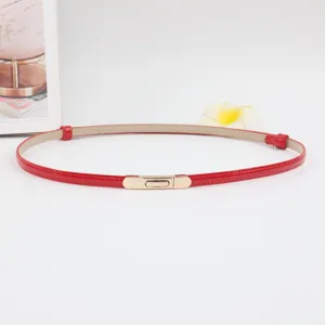 Close-up detail van een rode smalle lederen riem met glanzende gouden metalen gesp.