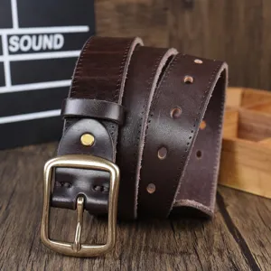 Men vintage brown genuine leather belt with classic metal pin buckle casual trousers strap.