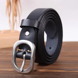 Black genuine leather belt for women with vintage metal pin buckle casual style