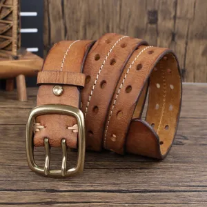Cintura uomo vera pelle vintage con fibbia in ottone a doppio ardiglione e fori.