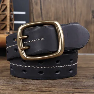 Cintura in Vera Pelle di Vacchetta Retro Vintage per Uomo Fibbia a Doppio Perno Traforato Cinturino Casual