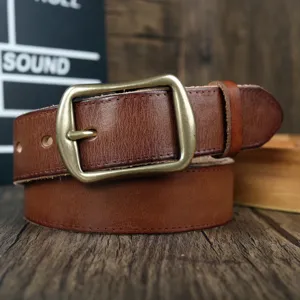 Vintage genuine leather men belt with solid brass pin buckle casual retro cowhide waist belt detail