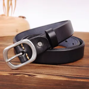 Minimalist genuine leather women belt with silver pin buckle, casual versatile jeans accessory.