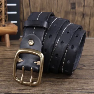 Cintura in pelle vintage da uomo con fibbia ad ardiglione doppio in ottone e cuciture casual