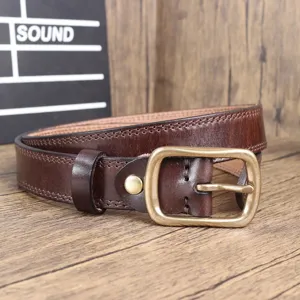 Women vintage genuine leather belt cowhide casual jeans waist belt metal buckle brown