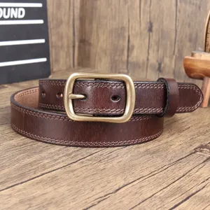 Vintage genuine leather belt for women, premium cowhide with classic bronze pin buckle design.