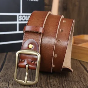 Mens genuine leather belt casual vintage cowhide waist strap with metal pin buckle