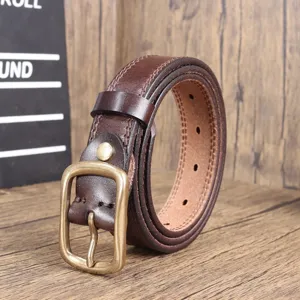 Vintage genuine leather belt for women, casual cowhide waist belt with metal buckle.
