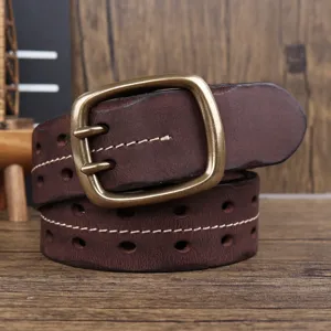 Cintura vintage in vera pelle da uomo con fibbia a doppio ardiglione e fori rustici.