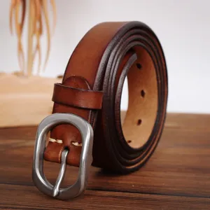Premium women leather belt vintage casual pin buckle brown leather belt detail view showcase