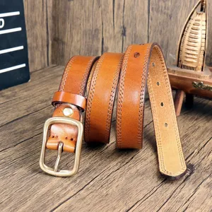 Retro genuine leather belt for women, handmade top layer cowhide jeans waist strap style.