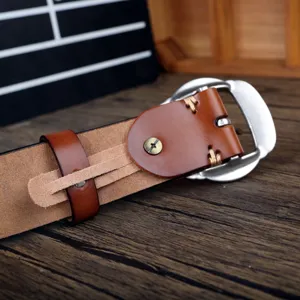 Vintage brown leather belt for women, stylish retro casual pin buckle wide waist belt.
