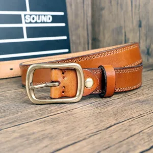 Genuine leather vintage style brown belt featuring retro metal buckle for detailed look