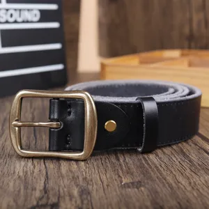Men's genuine leather belt with metal pin buckle, retro casual cowhide waist belt for jeans.