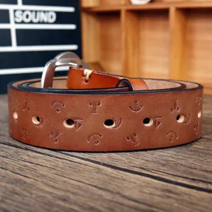 Retro brown leather belt with embossed pattern and pin buckle for daily vintage style.