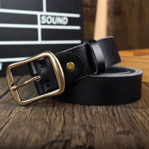 Men's genuine leather belt with classic pin buckle, casual retro cowhide design for everyday style.