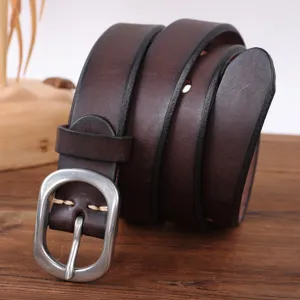 Genuine leather belt detail shot showing dark brown color and classic silver metal pin buckle.