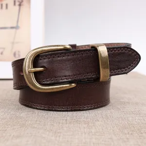 Vintage Retro Genuine Cowhide Leather Belt For Women Casual Jeans Brass Pin Buckle Waistband Fashion Accessories