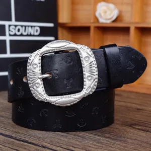 Women Retro Vintage Genuine Leather Belt Wide Waistband Metal Pin Buckle Embossed Anchor Pattern Casual Jeans Belt