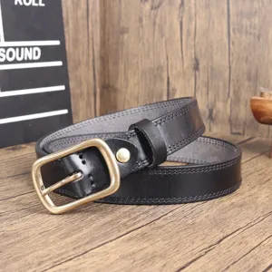Classic black leather belt for women with vintage metal buckle, versatile casual jeans belt.
