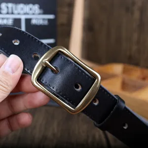 Men genuine leather casual belt with antique brass pin buckle retro fashion waist strap