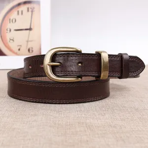Retro brown leather belt for women with brass pin buckle casual jeans accessory.