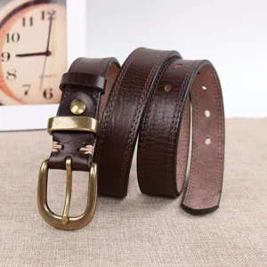 Vintage brown genuine leather women belt with brass pin buckle, retro style jeans belt.