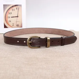 Retro genuine leather belt for women with brass pin buckle, vintage style for jeans.