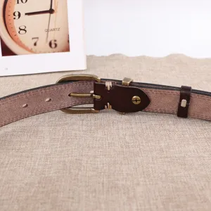 Detailed shot of retro women's genuine leather belt with brass pin buckle and screw decor.