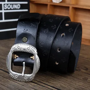 Vintage black leather belt with ornate silver buckle and embossed pattern for women daily wear