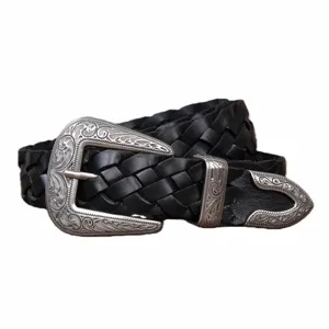 Vintage black braided leather belt for women with ornate silver western style buckle