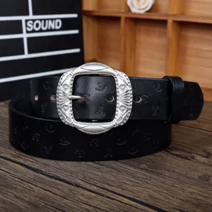 Vintage black leather belt with ornate metal buckle and embossed nautical anchor pattern for women.