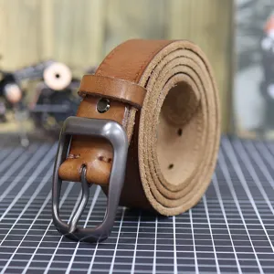 Detailed view of men retro casual genuine leather belt with durable metal buckle for jeans.