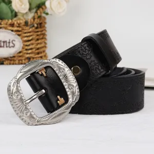 Vintage black leather belt with ornate silver buckle, embossed retro waist belt for women jeans.